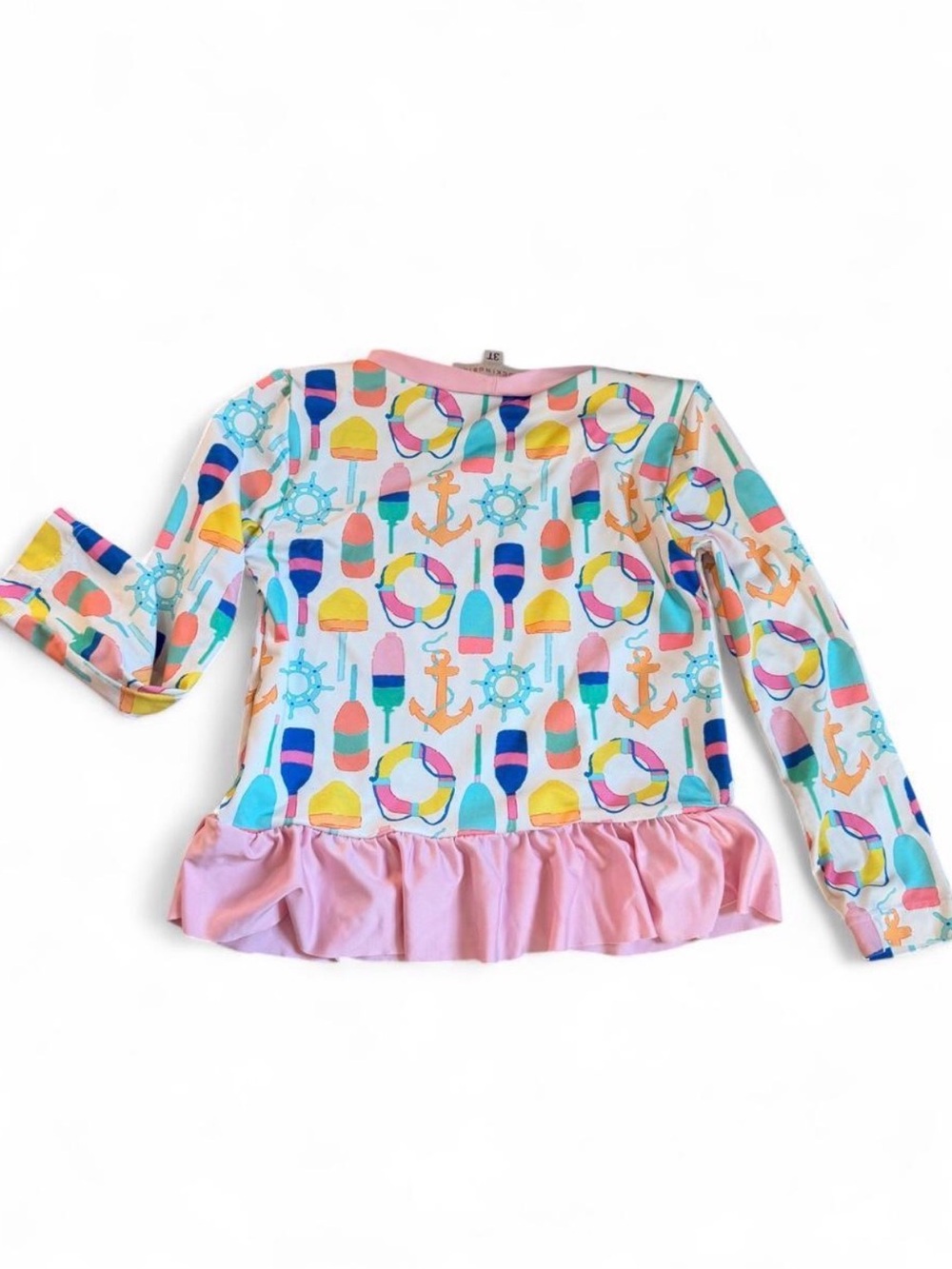 Girls' Pink Nautical Print Ruffle Rashguard Swim Top - Picture 2 of 4